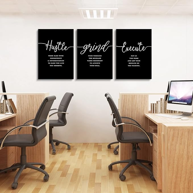 Office Decor - Hustle Quotes Execute Prints, Framed Canvas Wall Art Grind Quote, Office Wall Art, Black Large Poster, Positive MotivationalPrints, Inspirational Print (F-3pcs,12x16inchx3pcs)-StrideForce Fitness
