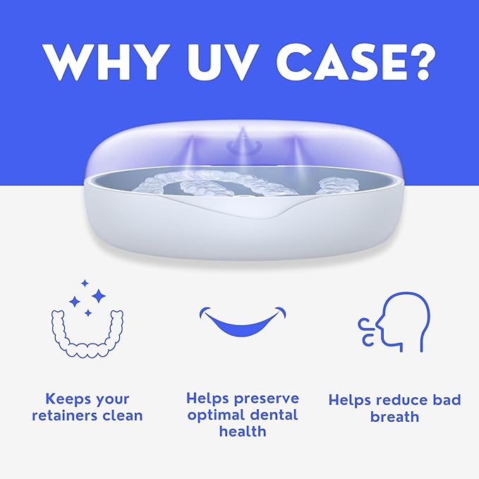 UV Retainer Case for Invisalign, Aligners, Dental Braces, Mouth Guard, Dentures and Night Guard - Small and Portable UV Retainer Cleaner Case with UVC Lights (Pink & White)