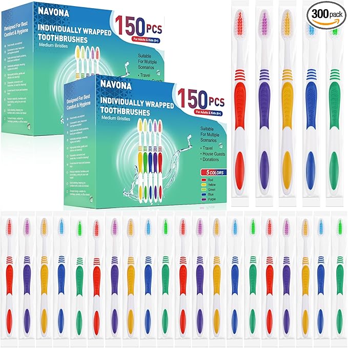 Navona 300 PCS Premium Individually Wrapped Bulk Toothbrush Pack, Disposable Toothbrushes, Kids Toothbrush, Medium Soft Bristle Toothbrushes, Ergonomics Handle, Perfect for Travel Hotel Donation