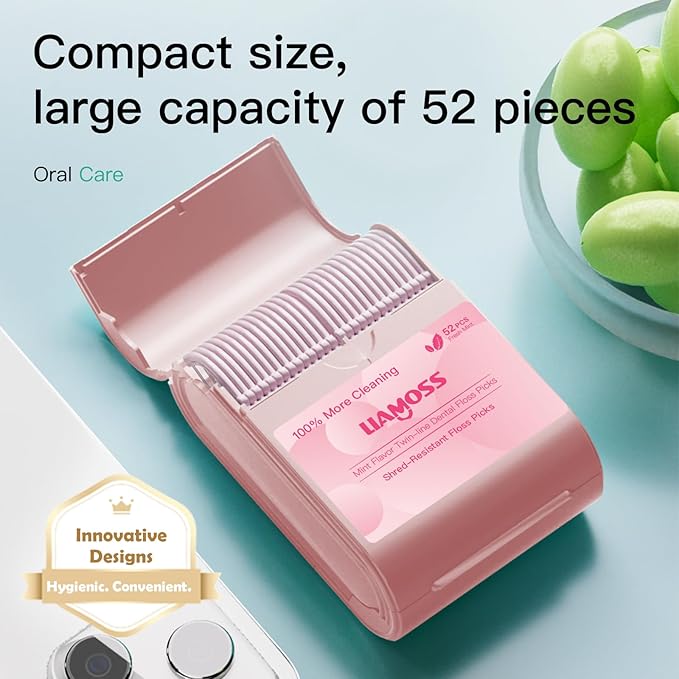 Twin-Line Dental Flossers,2 Box LIAMOSS Cool Mint Flavor Shred Resistant Dental Floss Picks Pink Handy Case,104 Count Toothpicks Sticks,Effective Interdental Cleaning,On The Go Flossing(Pink)…