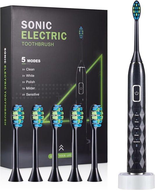 Sonic Electric Toothbrush for Adults - Deep Cleaning Teeth Whitening6 Replacement Brush Heads100-Day Battery5 Modes w/SensitiveIPX7 Waterproof (Color Options)