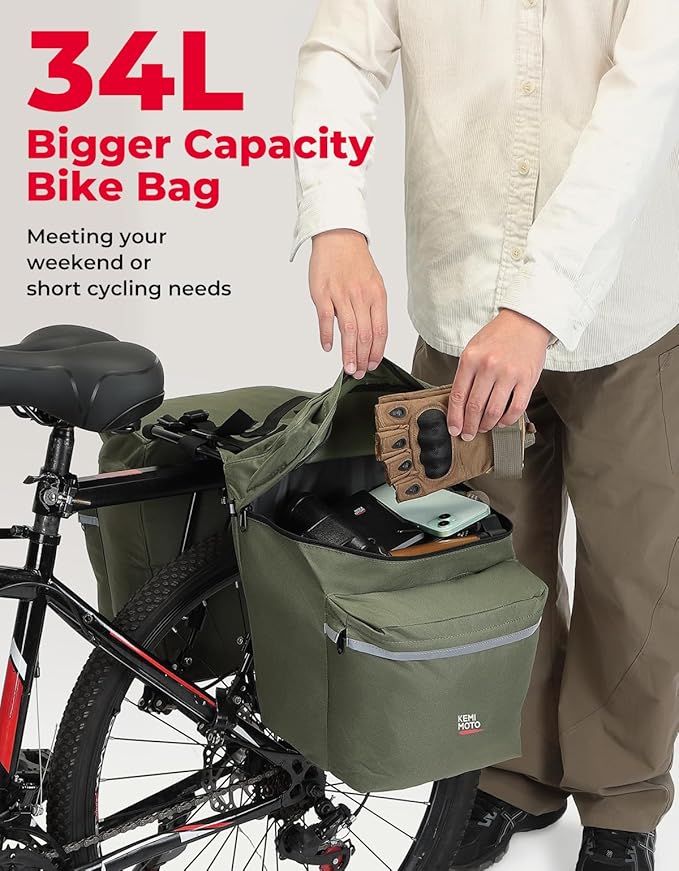 KEMIMOTO Bike Bag Panniers with Rain Cover, 34L Waterproof Bicycle Saddle Bag for Rear Rack Mountain Biking Bags Storage, Ebike Accessories for Commuter Grocery Shopping Travel Carrier, Green-StrideForce Fitness