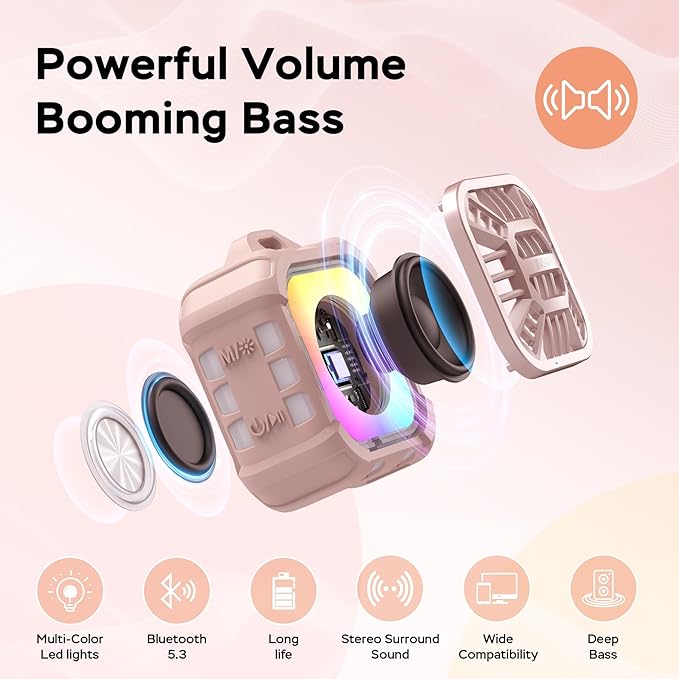 INSMY IP67 Waterproof Bluetooth Speaker, Shower Speaker Portable Small Clip-on, Multi Sync 100+ Speakers, Big Volume Booming Bass, 24H Playtime/Floatable/RGB Lights for Outdoor/Kayak/Beach(Pink)-StrideForce Fitness