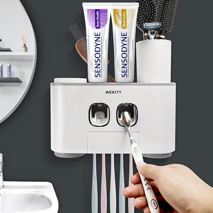 Toothbrush Holder Wall Mounted, WEKITY Multi-Functional Toothbrush and Toothpaste Dispenser for Bathroom, with 5 Toothbrush Slots, 2 Toothpaste Squeezers and 4 Cups(Grey)