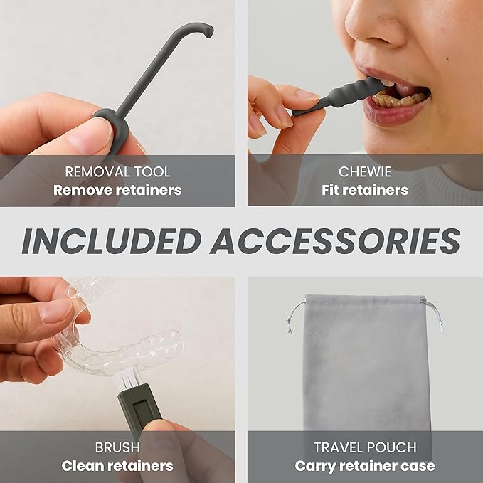 Denture Case Retainer Cleaning Case with Retainer Removal Tool and Brush, No-Leak Denture Bath Box Cup, Complete Clean Care for Clear Braces, Mouth Guard, Night Guard & Retainers (Grey)
