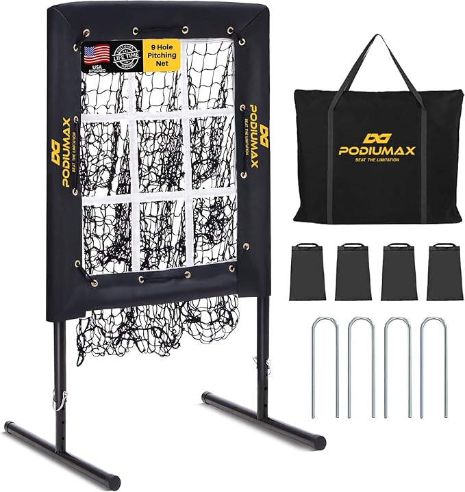 PodiuMax Baseball Pitching Net, 9 Hole Pitching Net with Strike Zone, 5 Adjustable Heights Baseball Throwing Net for All Ages, Heavey Duty Solo Trainer with Carry Bag for Backyard Practice-StrideForce Fitness