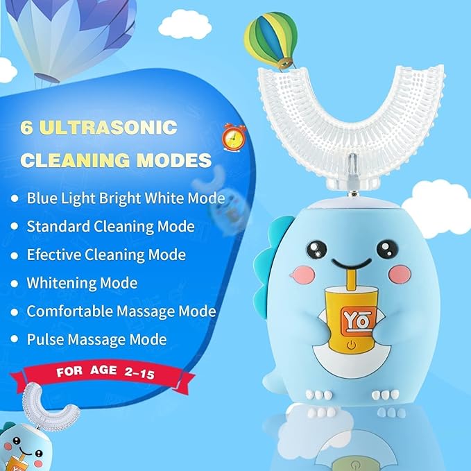 Kids U Shaped Electric Toothbrush，auto Sonic Baby Toothbrush，Cartoon Dinosaur 360-Degree Cleaning IPX7 Waterproof Design（2-7y）