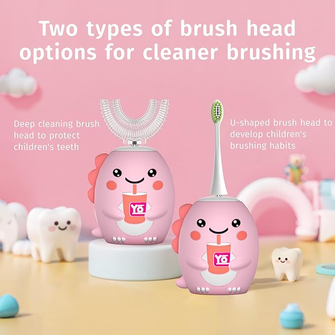 Kids U Shaped Electric Toothbrush，auto Sonic Baby Toothbrush，Cartoon Dinosaur 360-Degree Cleaning IPX7 Waterproof Design(8-15y, Pink)