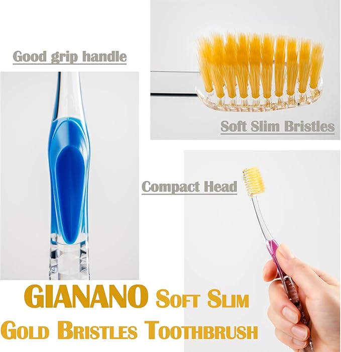 Soft Slim Gold Bristles Toothbrush for Sensitive Gums - Soft Slim Bristles, Compact Head, Toothbrushes for Adults / 4-Piece Set (Blue, Green, Pink, Violet)
