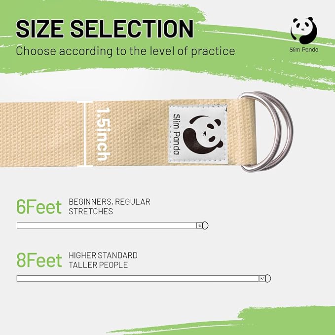 Slim Panda Yoga Strap for Stretching,Cotton Yoga Strap with Adjustable D-Ring Buckle,Non-Elastic Yoga Belt for Pilates,Gym Workouts,Physical Therapy,Improve Flexibility-StrideForce Fitness