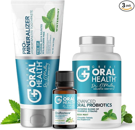 Dentist Formulated Oral Health System with Fluoride Free Remineralizing Nano Hydroxyapatite Toothpaste, OraRestore Mouthwash Concentrate & Oral Probiotics for Bad Breath, Enamel Strength, Oral Balance