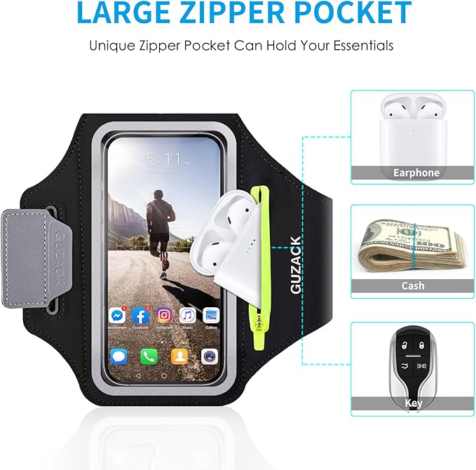 GUZACK Running Armband for iPhone 16 15 14 13 Pro Max, Galaxy S25 S24 S23 S22, with Card Slot & Key Pockets, Sports Arm Bands Phone Holder, Fit Up to 6.9 Inches Phone - Size L (Bigger Arm 14-17 in)-StrideForce Fitness