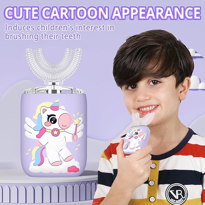 Kids Electric U Shaped Toothbrush Unicorn Rechargeable Sonic Toothbrush with 4 Soft Brush Heads with Kid Toothpaste IPX7 Waterproof - (Age 2-7, Purple)