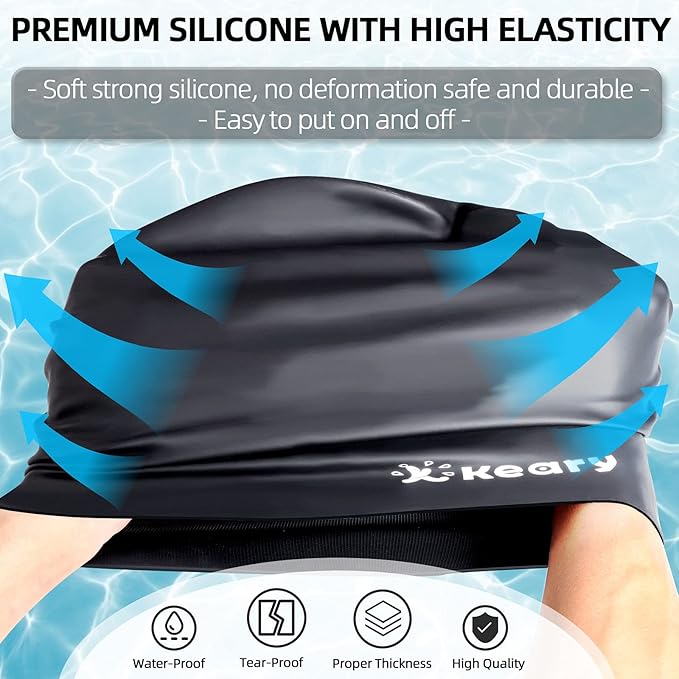 Keary Extra Large Swim Cap for Braids and Dreadlocks Extensions Weaves Long Hair, Waterproof Silicone Cover Ear Bath Pool Shower Swimming Cap for Adult Youth to Keep Hair Dry, Easy to Put On and Off-StrideForce Fitness