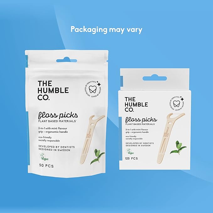 The Humble Co. Floss Picks (200 Count) – Plant Based Dental Floss Picks with Grip Handle for Superior Oral Care, Dental Hygiene, and Gum Health, Cruelty Free Tooth Floss Picks (Mint)