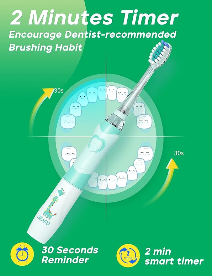 SEAGO Kids Electric Toothbrush with 2 Mins Brushing Timer and 8 Replacement Bursh Heads,Rainbow LED Light Make Brushing Fun, Blue Color Boys Battery Powerd Toothbrush for 4-12 Years Old