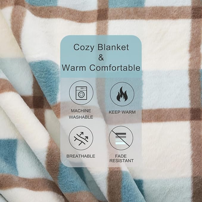 PU MEI Super Soft Faux Rabbit Fur Sherpa Fleece Throw Blanket, Reversible Luxury Cozy Cute Furry Blanket, Plush Warm Shaggy Fluffy Checkered Blankets for Sofa Couch Bed (Green-Plaid, 60" x 80")-StrideForce Fitness