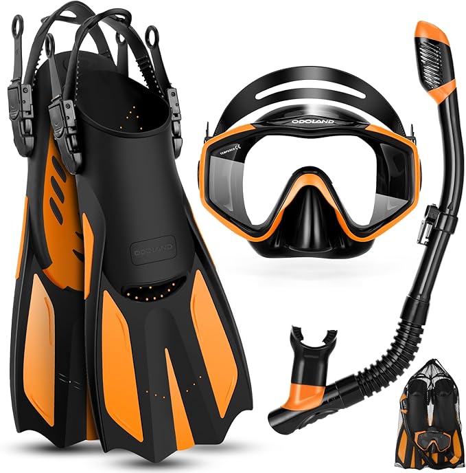 Odoland Kids Snorkeling Packages Snorkel Set, Dry Top Snorkel Mask with Adjustable Swim Fins for Boys and Girls Age 7-14-StrideForce Fitness