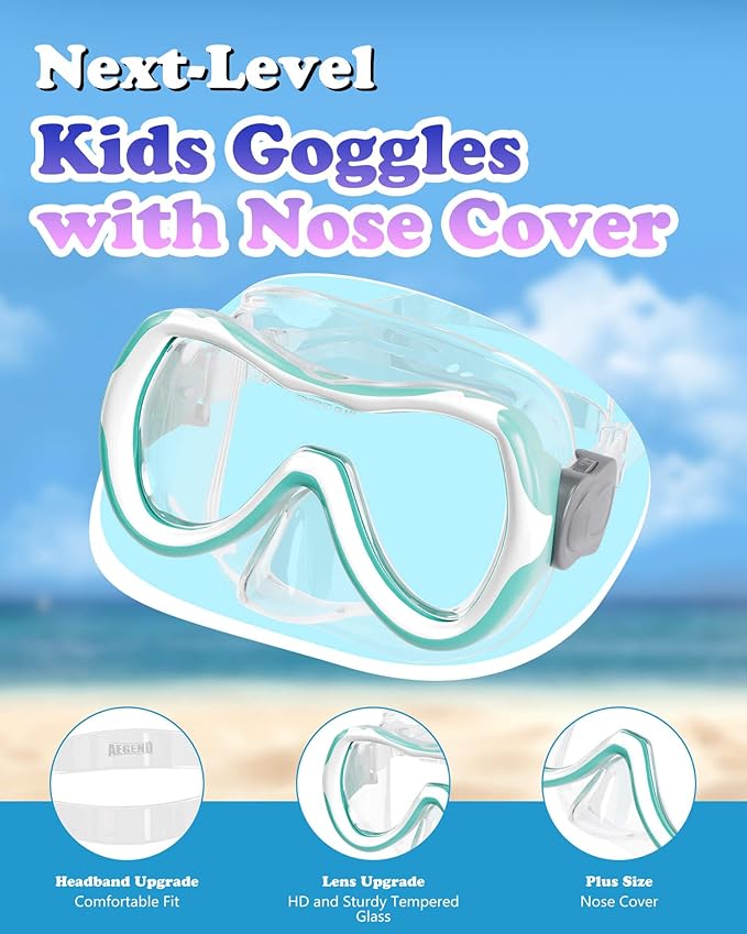 Aegend Kids Swim Mask Goggles, Tempered Glass 180° HD Wide View with Nose Cover-StrideForce Fitness