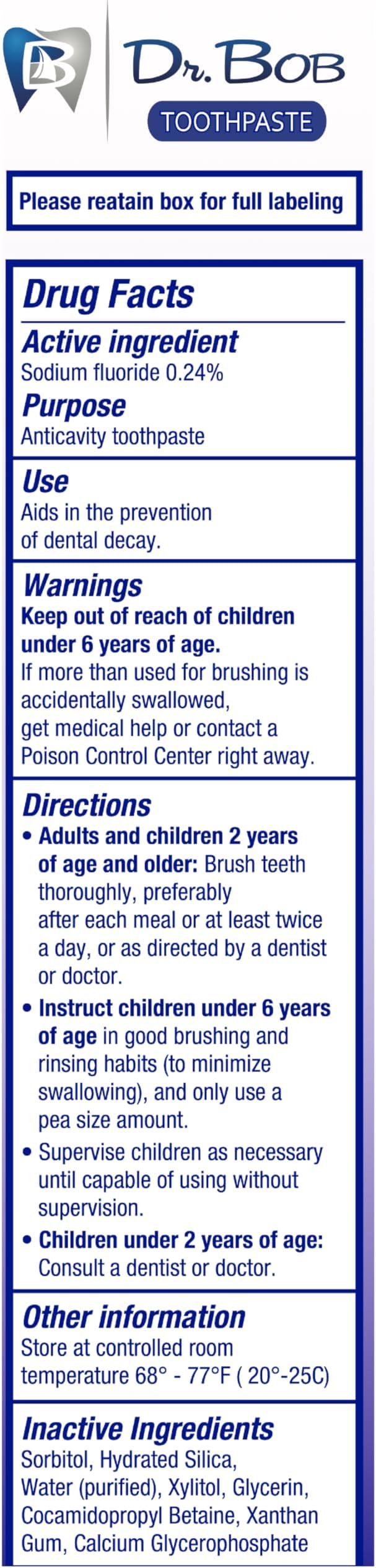 Dr. Bob Unflavored Anticavity Fluoride Toothpaste for Kids, Dentist-Recommended Toothpaste Gel with Xylitol for Sensitive Teeth, SLS-Free, Children and Adult Oral Care, 4 oz., 1-Pack