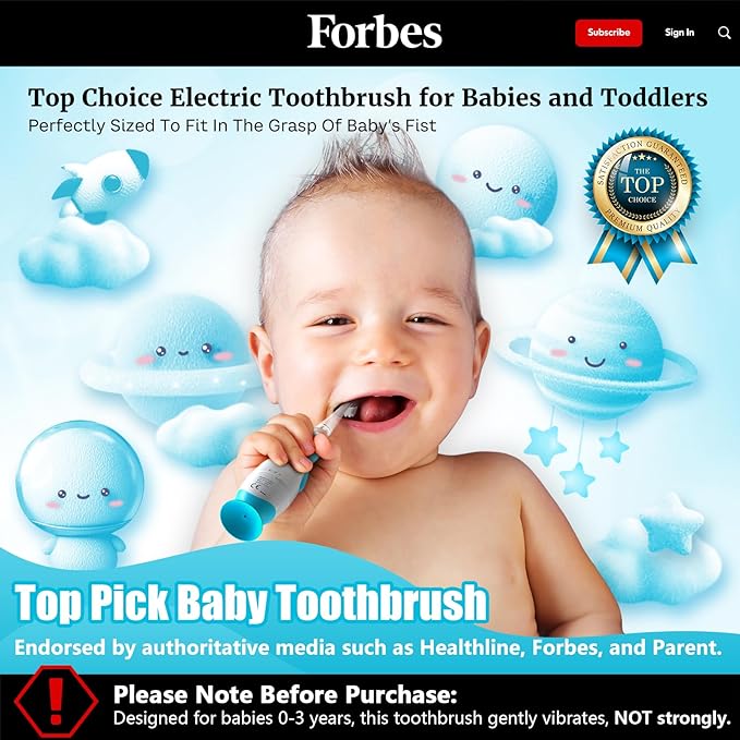 Toddler Electric Toothbrush Kids Age 1-2-3 Years Old, Infants & Baby Electric Toothbrush with Finger Tooth Brush, Cute Cover, LED Light, 2 Minutes Timer, 4 Brush Heads, Suction Cup (Blue Astronaut)