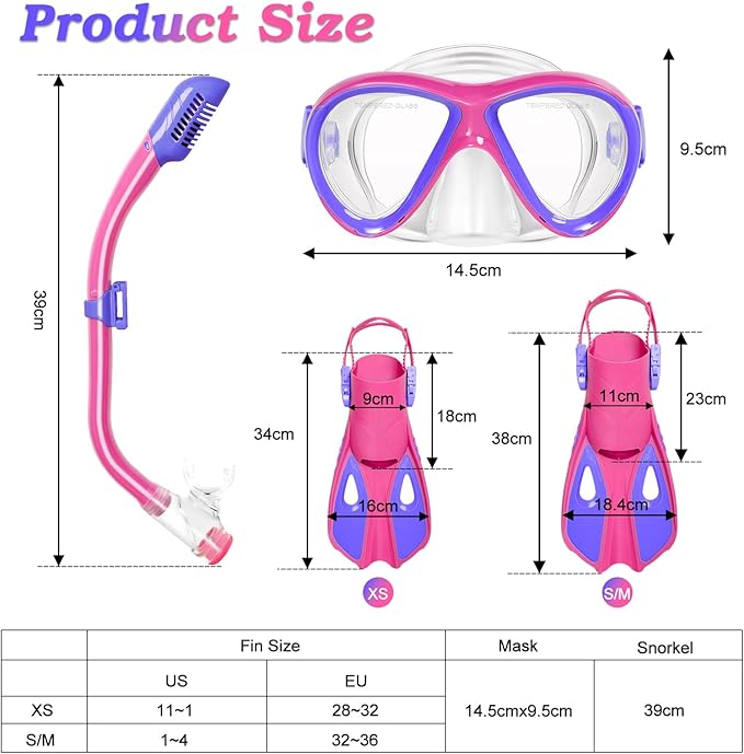 Kids Mask Fins Snorkel Set, Dry Top Snorkeling Gear for Kids Youth Boys Girls Junior Age 5-15 Tempered Glass Snorkel Mask Set Panoramic View Snorkeling Packages-StrideForce Fitness