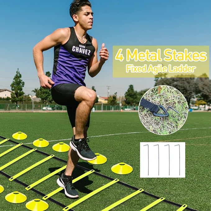 Speed & Agility Ladder Training Equipment Set, Includes 12 Rung 20ft Agility Ladder, 4 Agility Hurdles,12 Disc Cones, 1 Resistance Parachute for Training Football Soccer Basketball Athletes-StrideForce Fitness