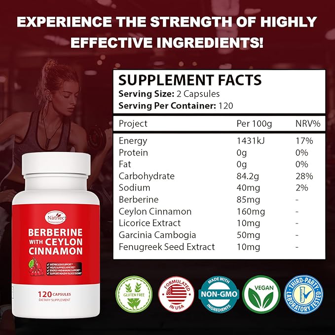Berberine Supplement with Ceylon Cinnamon, Licorice Extract, Berberine 6X for Healthy Weight Management, Metabolism and Immune Support (120 Capsules)-StrideForce Fitness