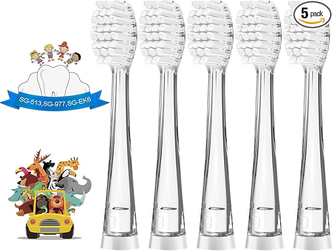 TEETECK 5 Pack Kids Toothbrush Replacement Heads Compatible with SEAGO- 513/977/EK6,Compatible with Brush-Baby WildOnes/KIDZSONIC（Not BabySonic Series）,Compatible with Dada-Tech-BB1/977/K6