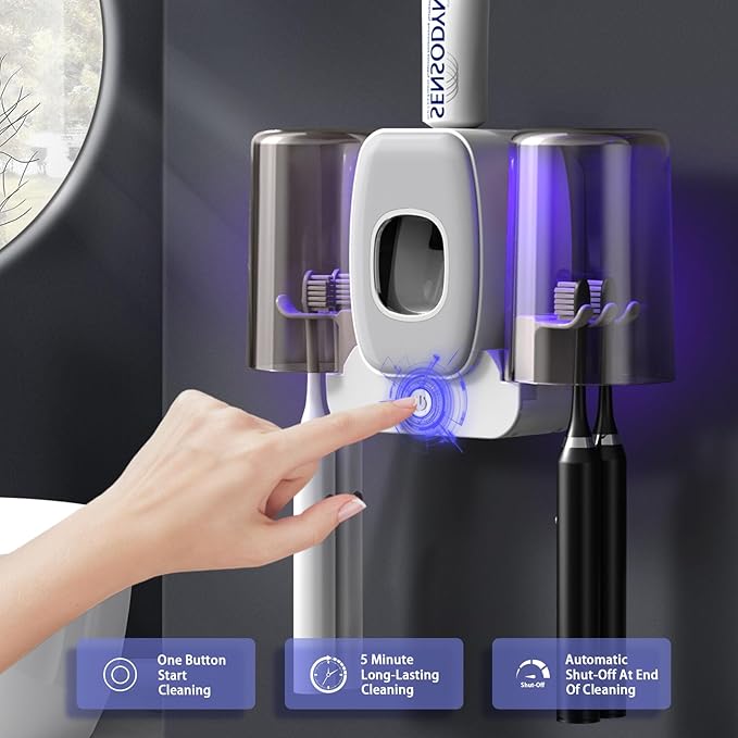 Toothbrush Holders for Bathrooms, Wekity Automatic Toothpaste Dispenser Space Saving Toothbrush and Toothpaste Holder，Toothbrush Holder Wall Mounted with 2 Cups for Bathroom (Grey)…