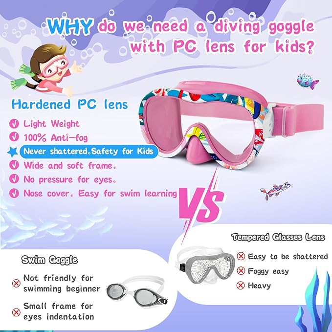 Kids Swim Goggles with Nose Cover, 180° Panoramic Snorkel Mask with Anti-Fog & Anti-Leak Design, Comfort Fabric Strap UV Protection Lens for Boys Girls Ages 3-15-StrideForce Fitness