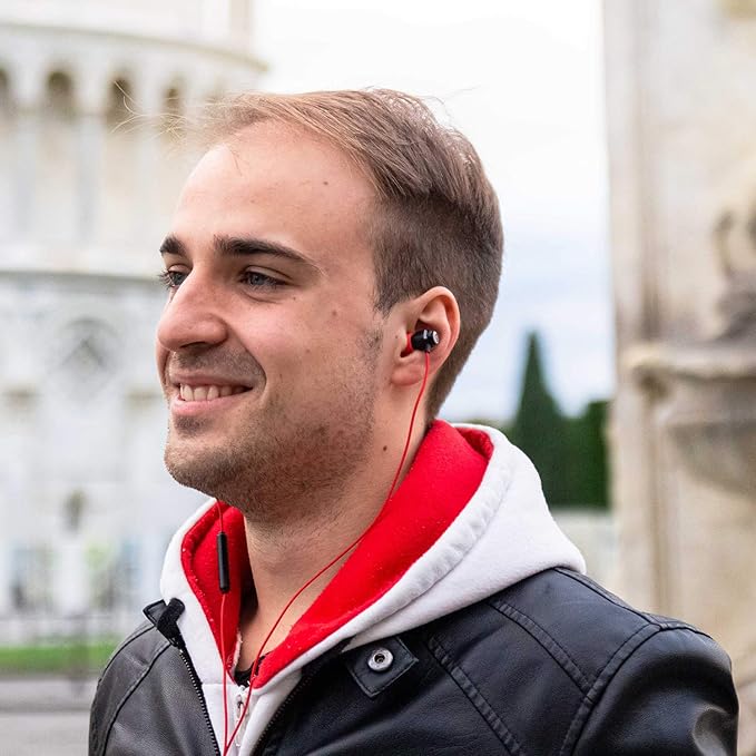 LUDOS Clamor Wired Earbuds in-Ear Headphones, 5 Years Warranty, Earphones with Microphone, Noise Isolating Ear Buds, Memory Foam for iPhone, Samsung, School Students, Kids, Women, Small Ears - Red-StrideForce Fitness