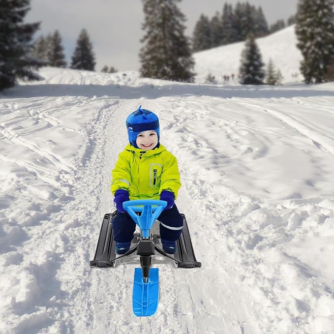 Snow Racer Sled for Kids, Dual Brakes Snowmobile Sled Ski with Steering Wheel, Snow Sledge for Skiing, Ice Skating, Sand Skating, Single Rider 45 x 20 x 15 inches-StrideForce Fitness
