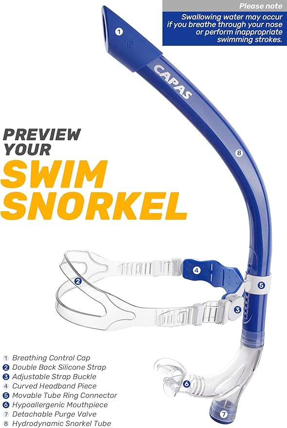 CAPAS Training Swim Snorkel for Lap Swimming, Swivel Headband Ultimate Fit Center-Mount Swimmers Snorkel with Liquid Silicone Mouthpiece Adjustable Strap, Designed for Adult Men Women-StrideForce Fitness
