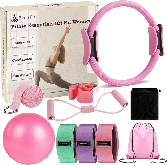 Home Pilates Kit for Women Pilates Equipment Ring and Ball Set Magic Circle Hoop with 5 Resistance Bands Compact Toning Fitness Essentials Starter Set Accessories-StrideForce Fitness
