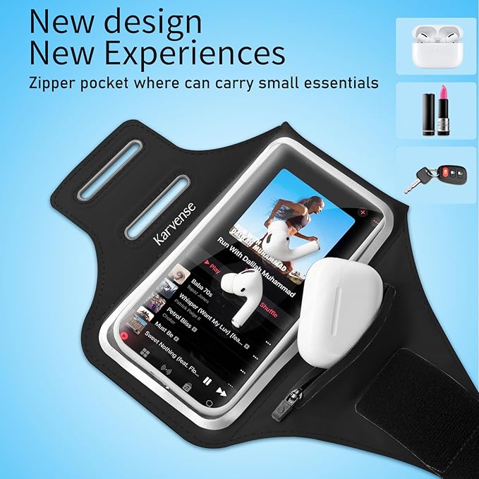 Running Phone Holder, Arm Band for Running for iPhone & Samsung Galaxy, Cell Phone Armband Holder for Walking, Gym, Workout, Men, Women, w/Adjustable Strap & Zipper Pocket (Black-L)-StrideForce Fitness
