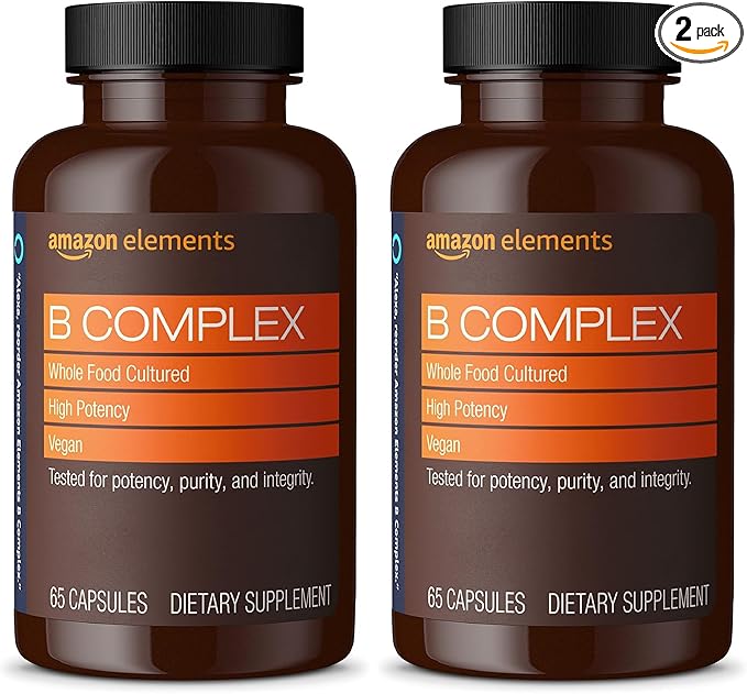 Amazon Elements B Complex, High Potency, 83% Whole Food Cultured, Supports Immune and Normal Energy Metabolism, Vegan, 65 Capsules, 2 Month Supply (Packaging May Vary) (Pack of 2)-StrideForce Fitness
