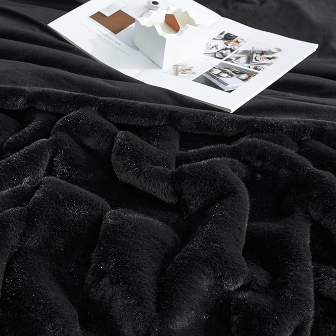 Cozy Bliss Faux Fur Throw Blanket for Couch, Cozy Warm Plush Striped Blanket for Sofa Bedroom Living Room, 90 * 90 Inches Black-StrideForce Fitness