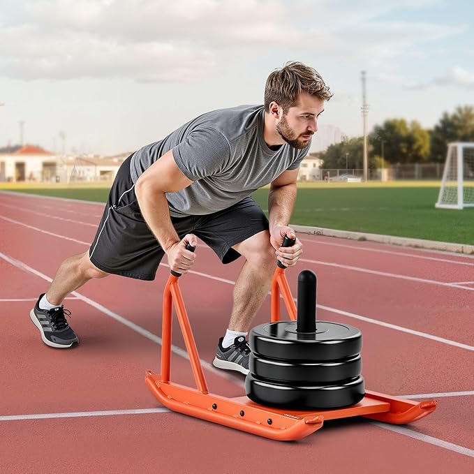 VEVOR Weight Sled, Steel Power Sled, Fitness Strength Training Sleds for Athletic Exercise Speed Improvement, Workout Fitness Equipment with Handle, Compatible with 1/2 in Weight Plates, Orange-StrideForce Fitness