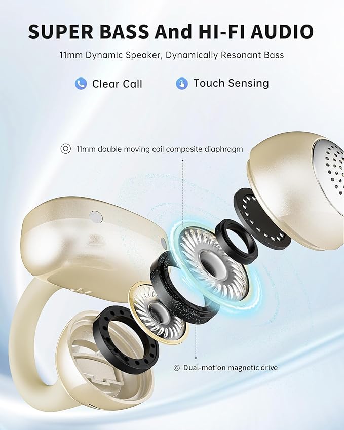 Open Ear Earbuds, Clip-On Earbuds Wireless Bluetooth, Ear Clip Bluetooth Headphones, Lightweight Comfort, Ergonomic Secure Fit for Small Ears, Ultra Open Audio, Waterproof, 40H Playtime-StrideForce Fitness