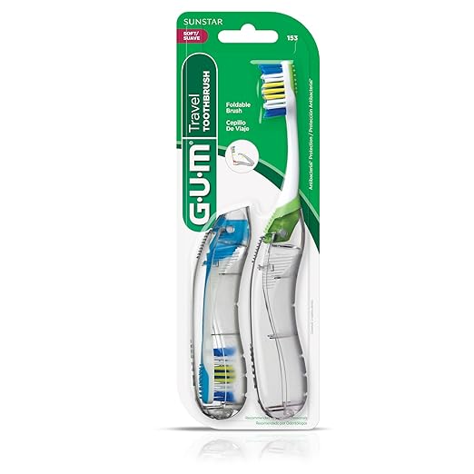 GUM Folding Travel Toothbrush, Compact Head + Tongue Cleaner, Soft Bristled Travel Toothbrushes for Adults, 2ct (Colors may vary)