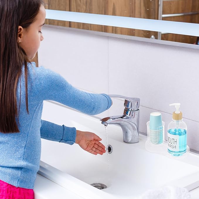 Mouthwash Dispenser for Bathroom, 16oz Plastic Mouthwash Dispenser with Cup Holder and Tray Mouth Wash Bottle Container - Clear