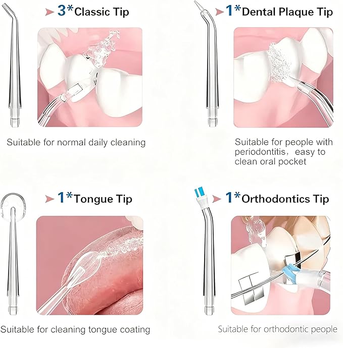Water Dental Flosser Teeth Pick, Cordless Portable Oral Irrigator for Teeth, Dentures, and Braces 4 Modes & Jet Tips, IPX7 Waterproof (Pink)