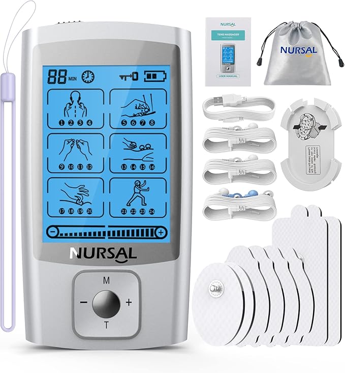 NURSAL 24 Modes TENS Unit Muscle Stimulator with Continuous Stimulation, Rechargeable Electronic Pulse Massager with 8 Pads for Back and Shoulder Pain Relief and Muscle Strength (Silver)-StrideForce Fitness