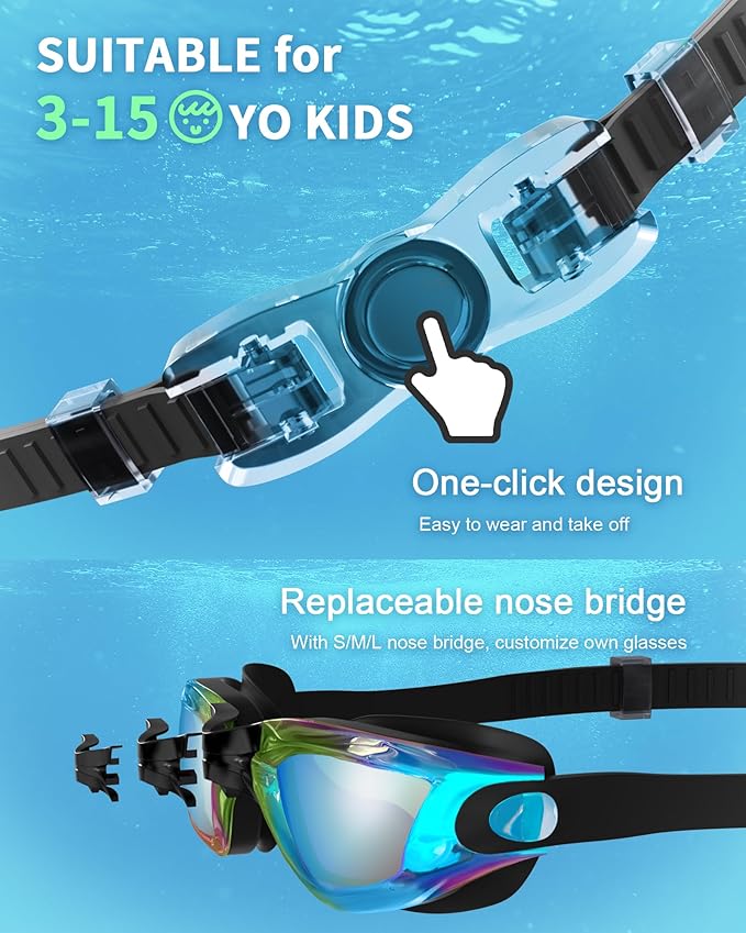 Kids Swim Goggles, Swimming Goggles for Kids with Nose Clip, Earplugs, Nose Bridge for Age 3-15-StrideForce Fitness