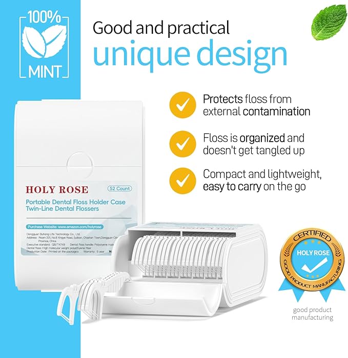 Holy Rose Dental Floss Holder Case 2 Boxs with Twin Line Flosser 104 Count- Mint Flavored Floss Picks, Portable Travel Case White - is Oral Care Tool for Clean and Fresh Teeth