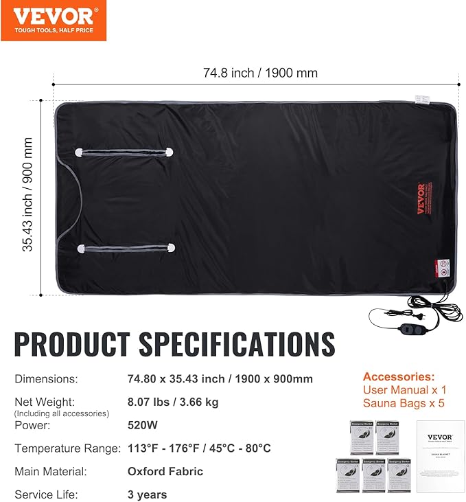 VEVOR Sauna Blanket, Compact Infrared Home Sauna with Oxford Fabric, Features Arm Openings & Carbon Fiber Warmers, Temp Settings 95-176℉, Timer 5-60 Mins, 75x35 inches-StrideForce Fitness