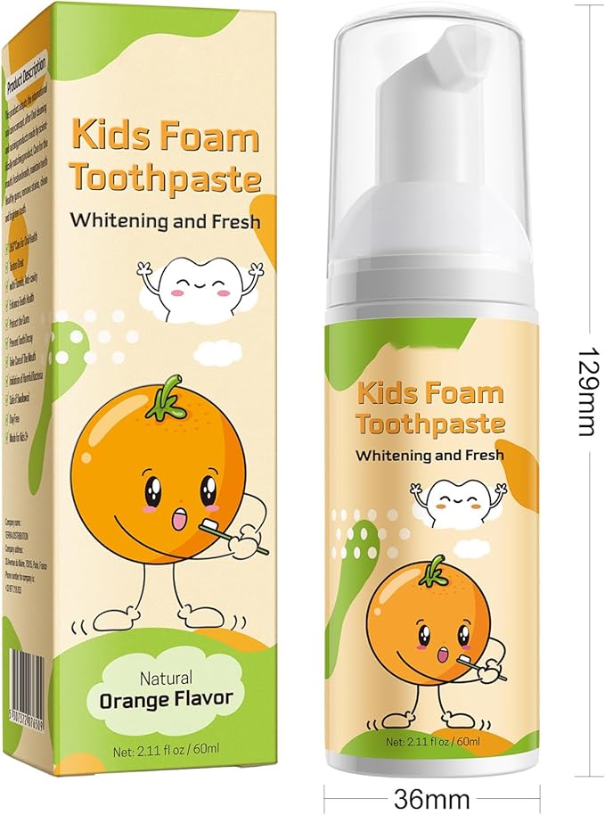 Foam Toothpaste Kids 2PCS, Toddler Toothpaste Cavity Protection, Clean and Whitening, 360ºCare, Portable, Kids Foam Toothpaste with Fluoride for Electric & U-Shape Toothbrushes (Orange)