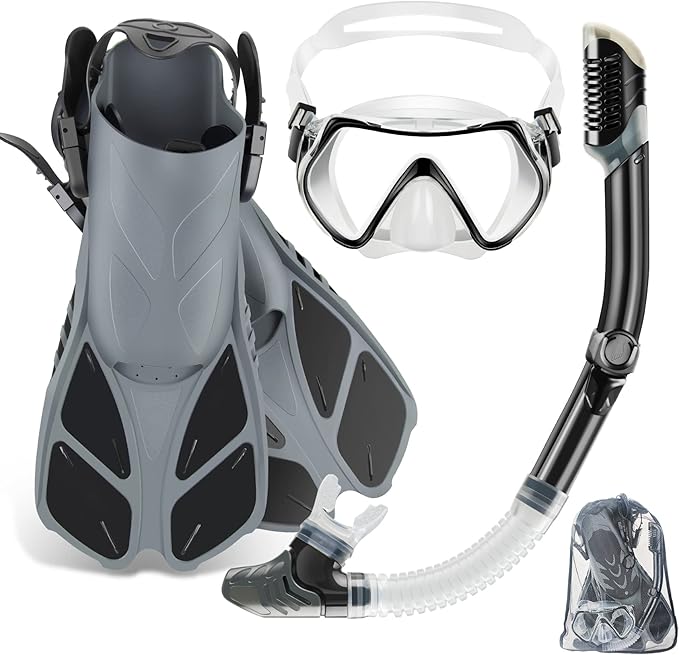 ZEEPORTE Mask Fin Snorkel Set, Travel Size Snorkeling Gear for Adults with Panoramic View Anti-Fog Mask, Trek Fins, Dry Top Snorkel and Gear Bag for Swimming Training, Snorkeling Kit Diving Packages-StrideForce Fitness