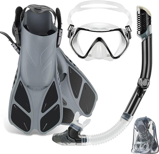 ZEEPORTE Mask Fin Snorkel Set, Travel Size Snorkeling Gear for Adults with Panoramic View Anti-Fog Mask, Trek Fins, Dry Top Snorkel and Gear Bag for Swimming Training, Snorkeling Kit Diving Packages-StrideForce Fitness